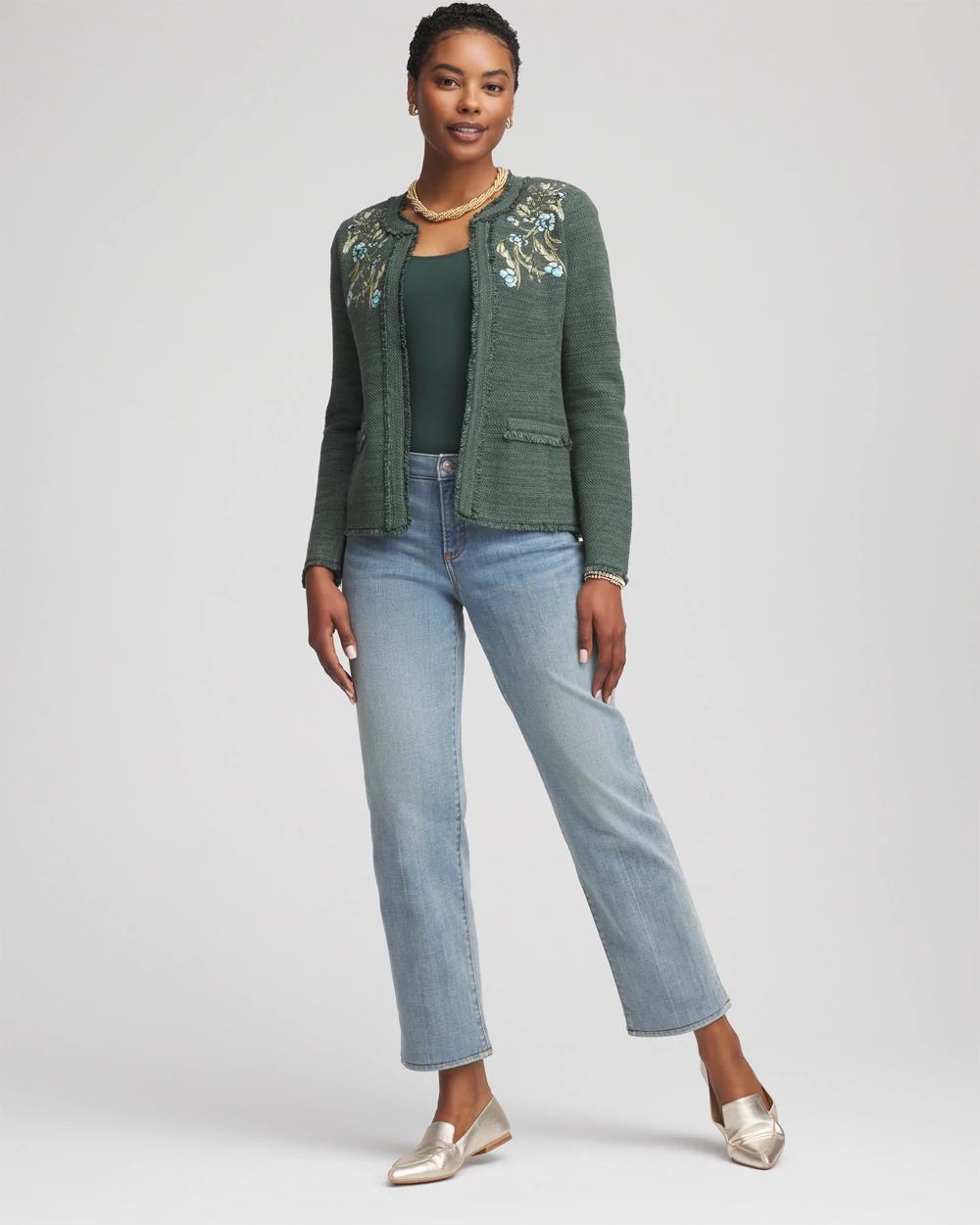 chico　Bonum EMBROIDARY KNIT JK Embroidered Cotton-Blend Jacket | Chico's